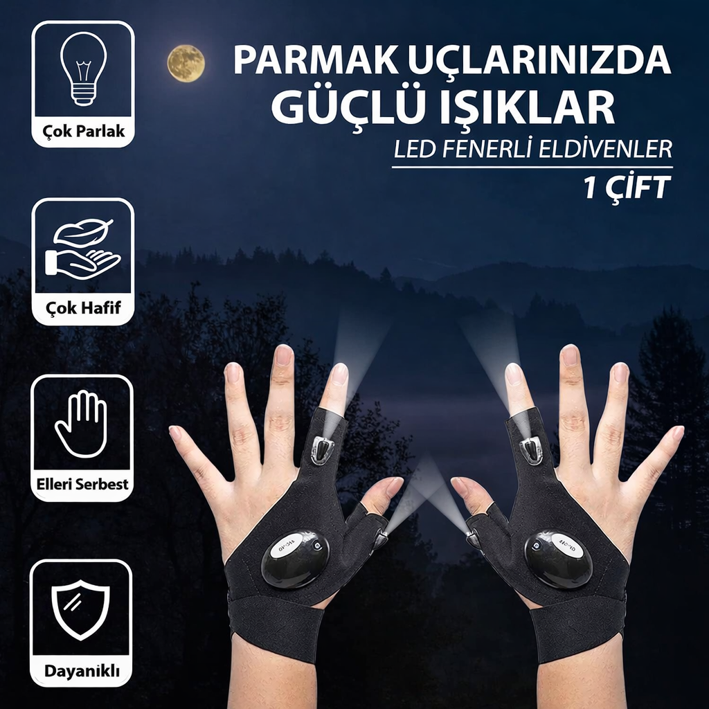 LED Işıklı Su Geçirmez Tamirci ve Balıkçı Eldiveni - Gece Balıkçılık, Kamp, Bisiklet ve Tamirat İçin El Fenerli Eldiven